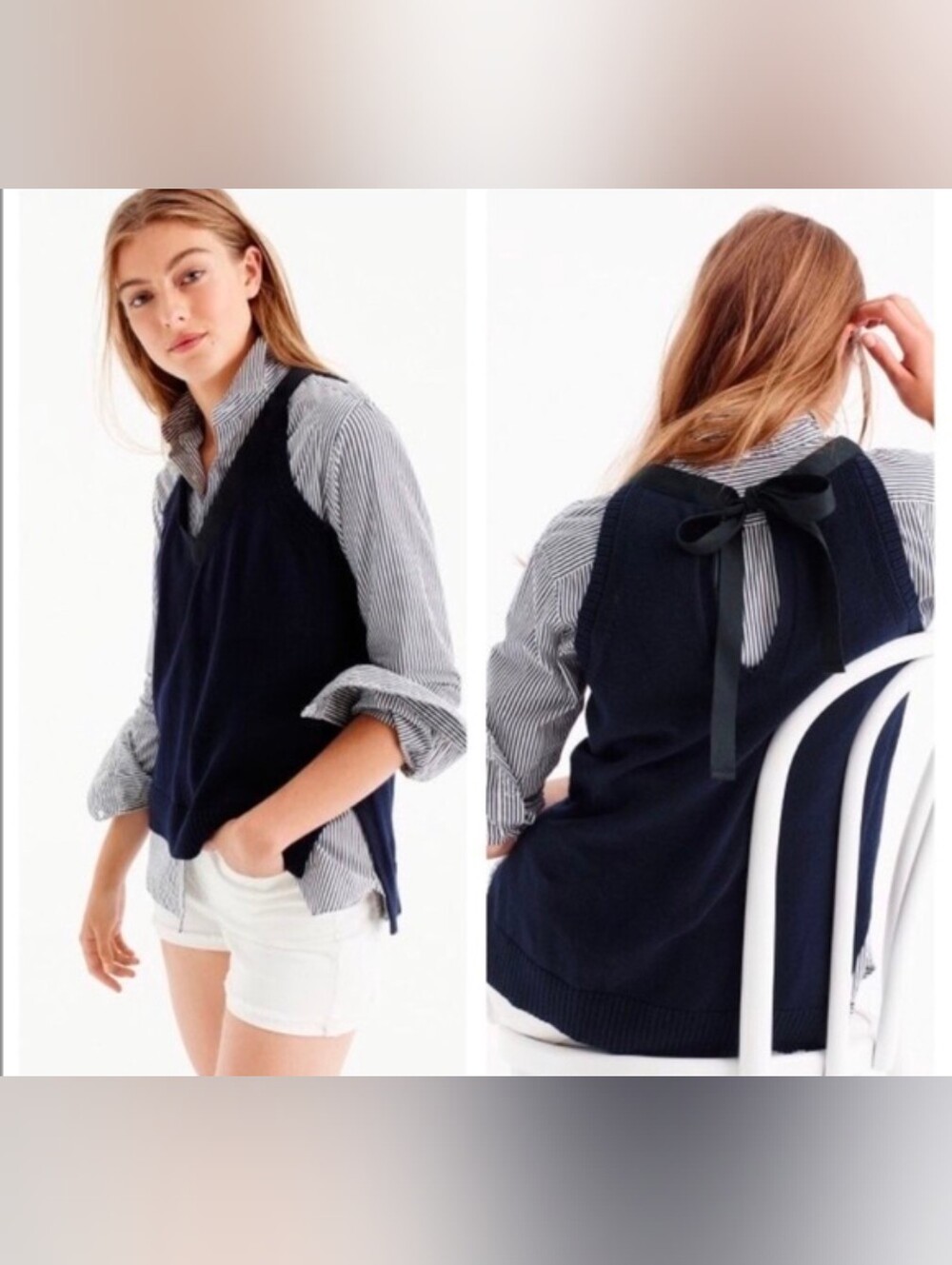 J. Crew Women's Navy Tie-Back Knit Vest Over Shirt - Classic Layering